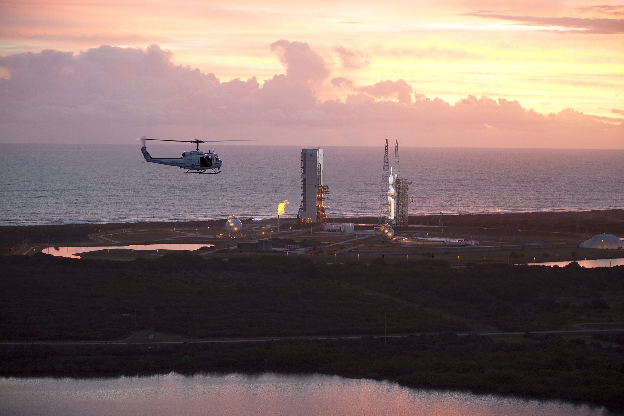 Picture showing Kennedy Space Center along Atlantic Ocean.
